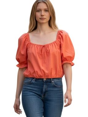 Universal Thread Coral Square-Neck Puff Sleeve Crop Top